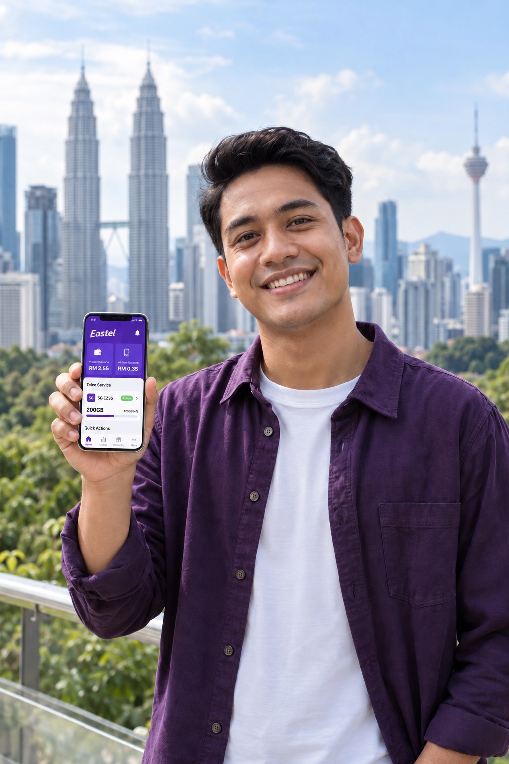 Ilustrasi AI lelaki Malaysia tersenyum sambil memegang telefon berlatar Kuala Lumpur